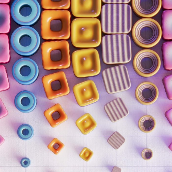 Vibrant 3D render of colorful geometric shapes in a pattern.