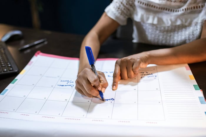 marketing team analyzing a calendar with LLM knowledge cutoff dates highlighted to plan content strategy