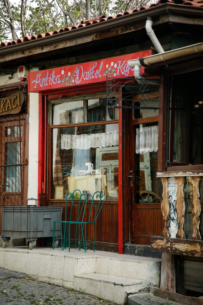 Rustic antique store entrance with vintage decor and wooden detail in a historic neighborhood.