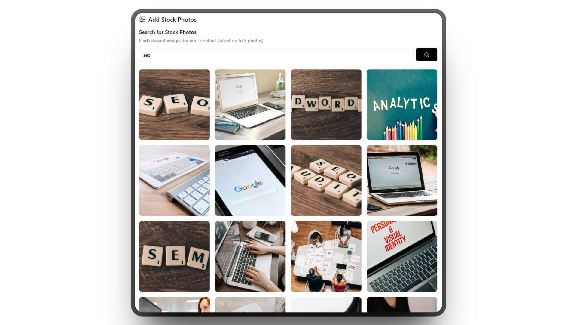 Stock photo selector showing professional business images and search interface