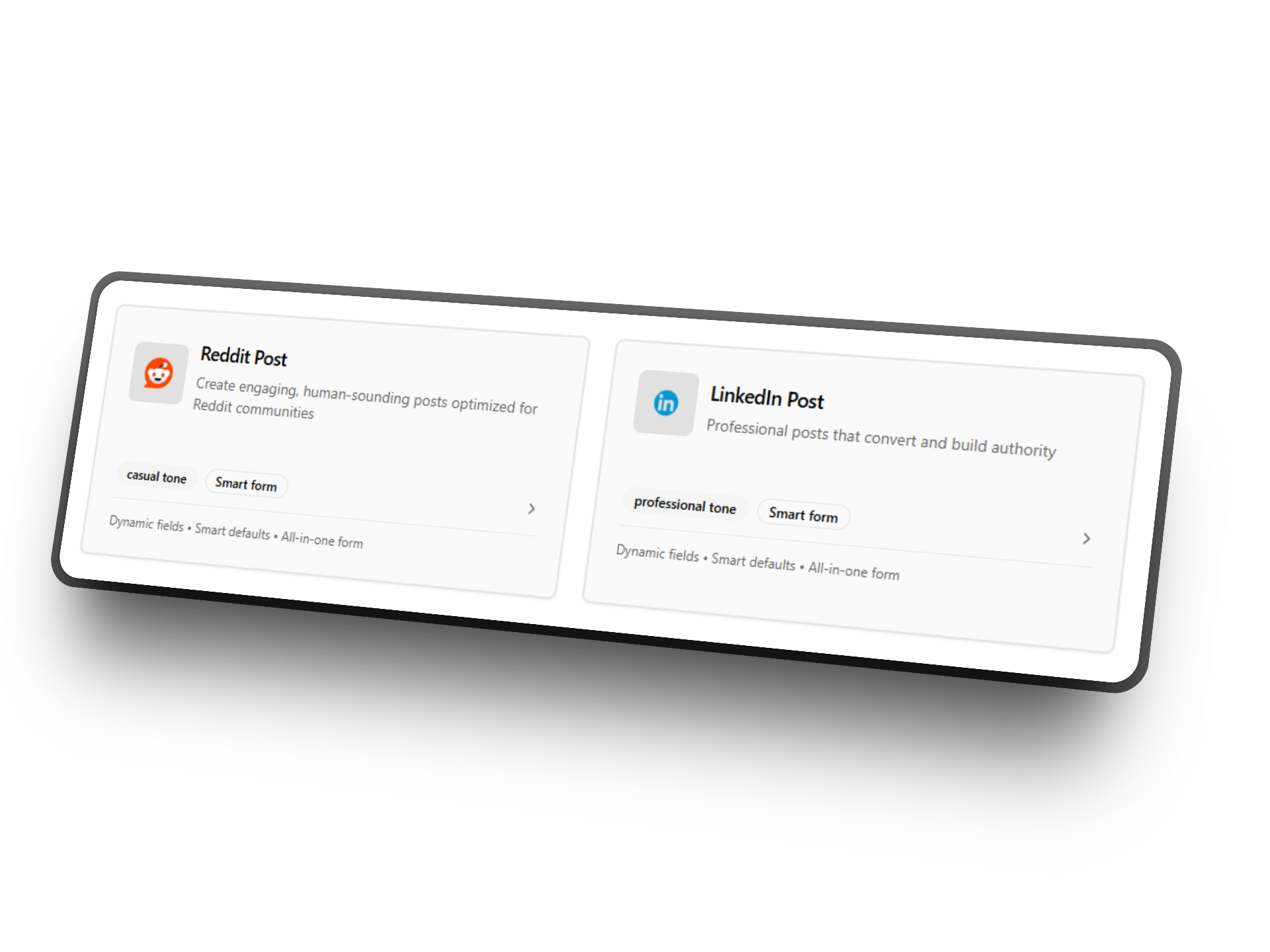 Social posts interface showing Reddit and LinkedIn content generation with AI optimization for maximum citations and engagement