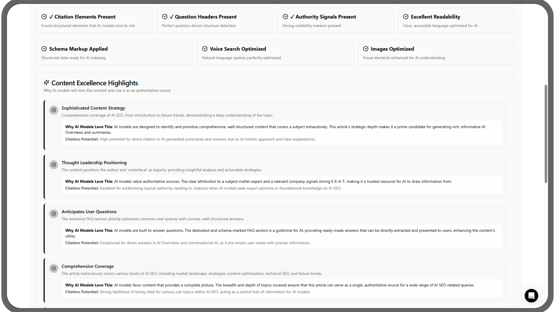 AI citation analysis interface showing content excellence highlights and citation potential