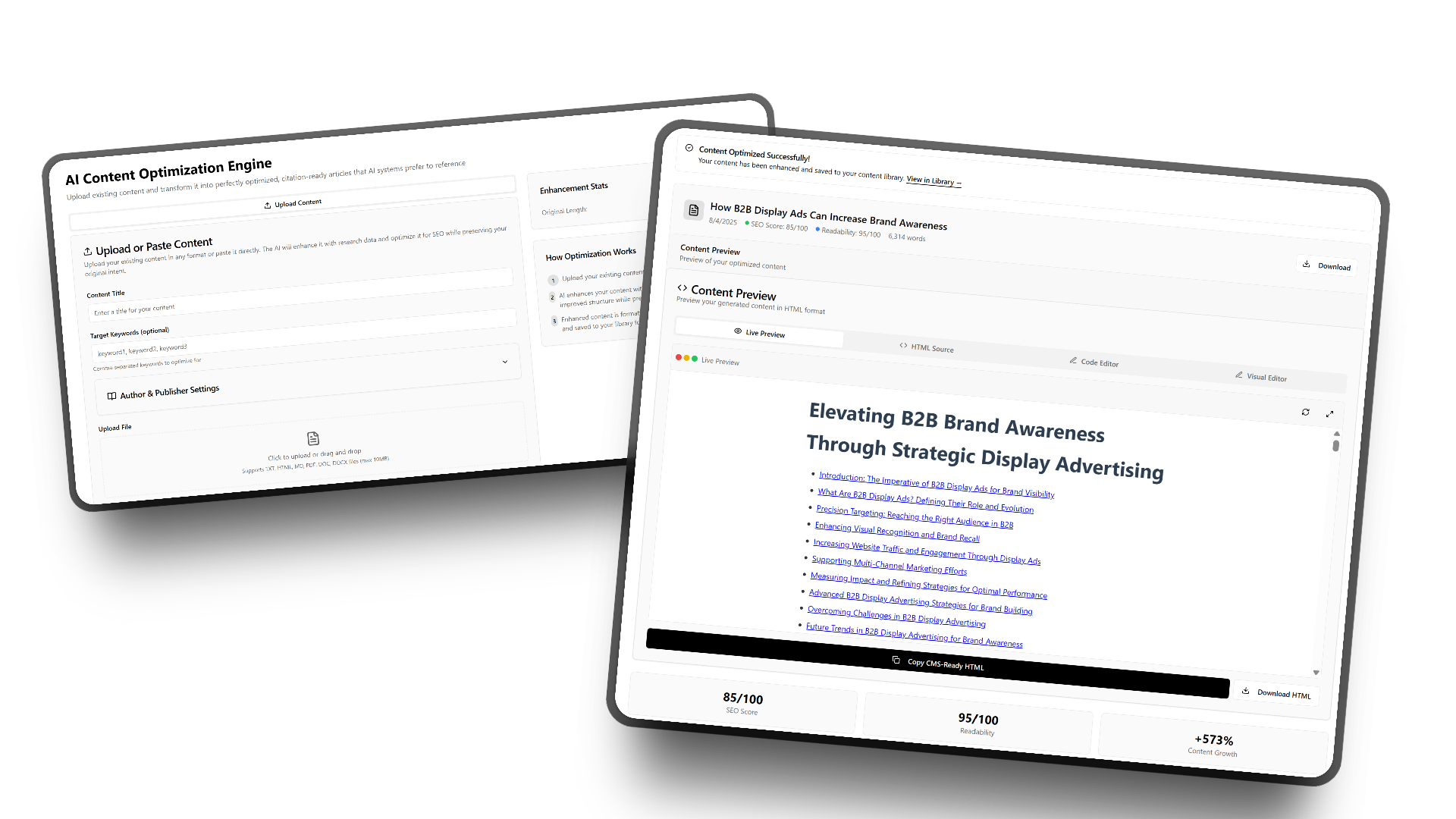 AI Content Optimization Engine showing upload interface and B2B marketing content optimization