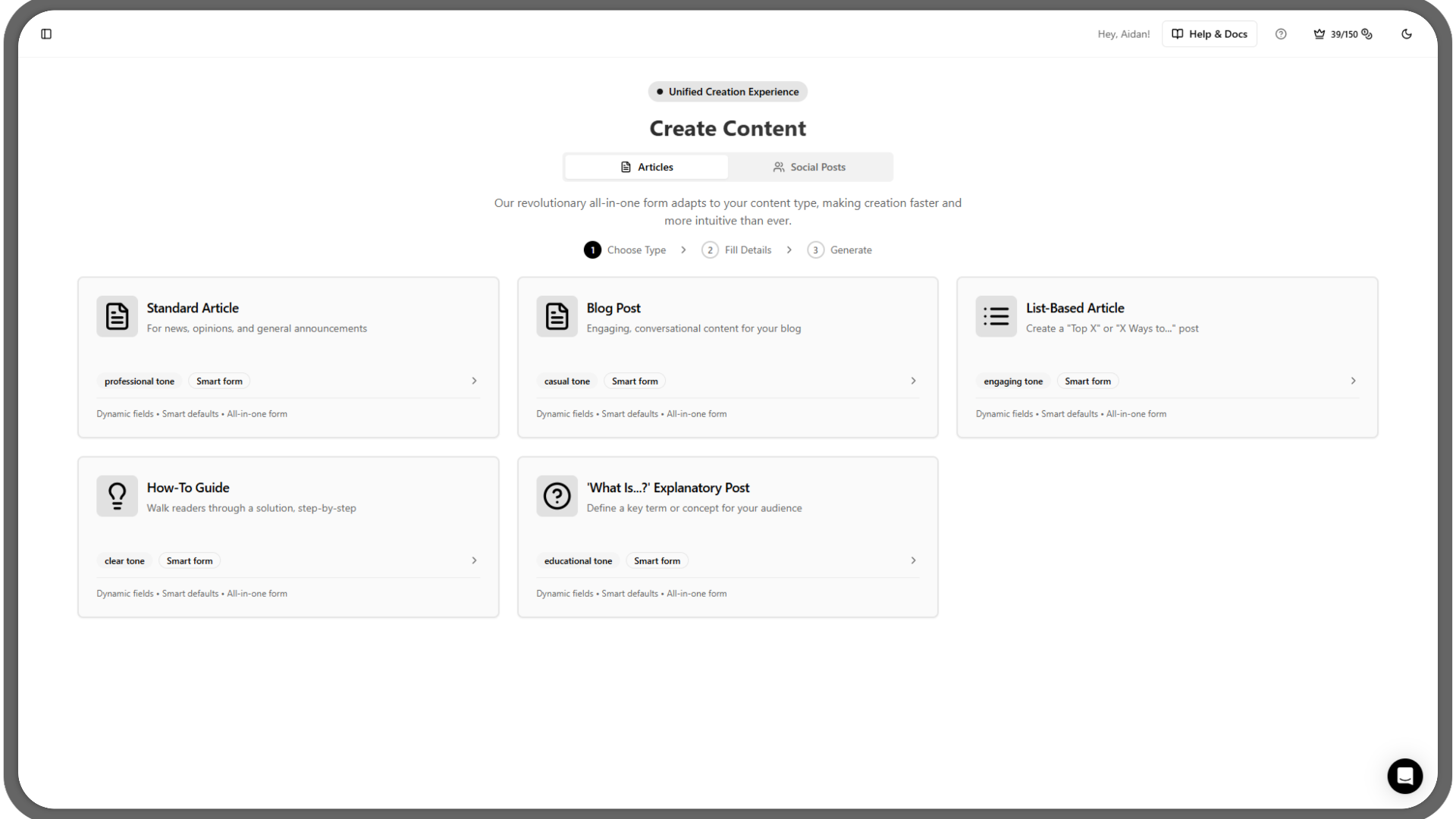 Content creation interface showing different content types including Standard Article, Blog Post, List-Based Article, How-To Guide, and What Is Explanatory Post