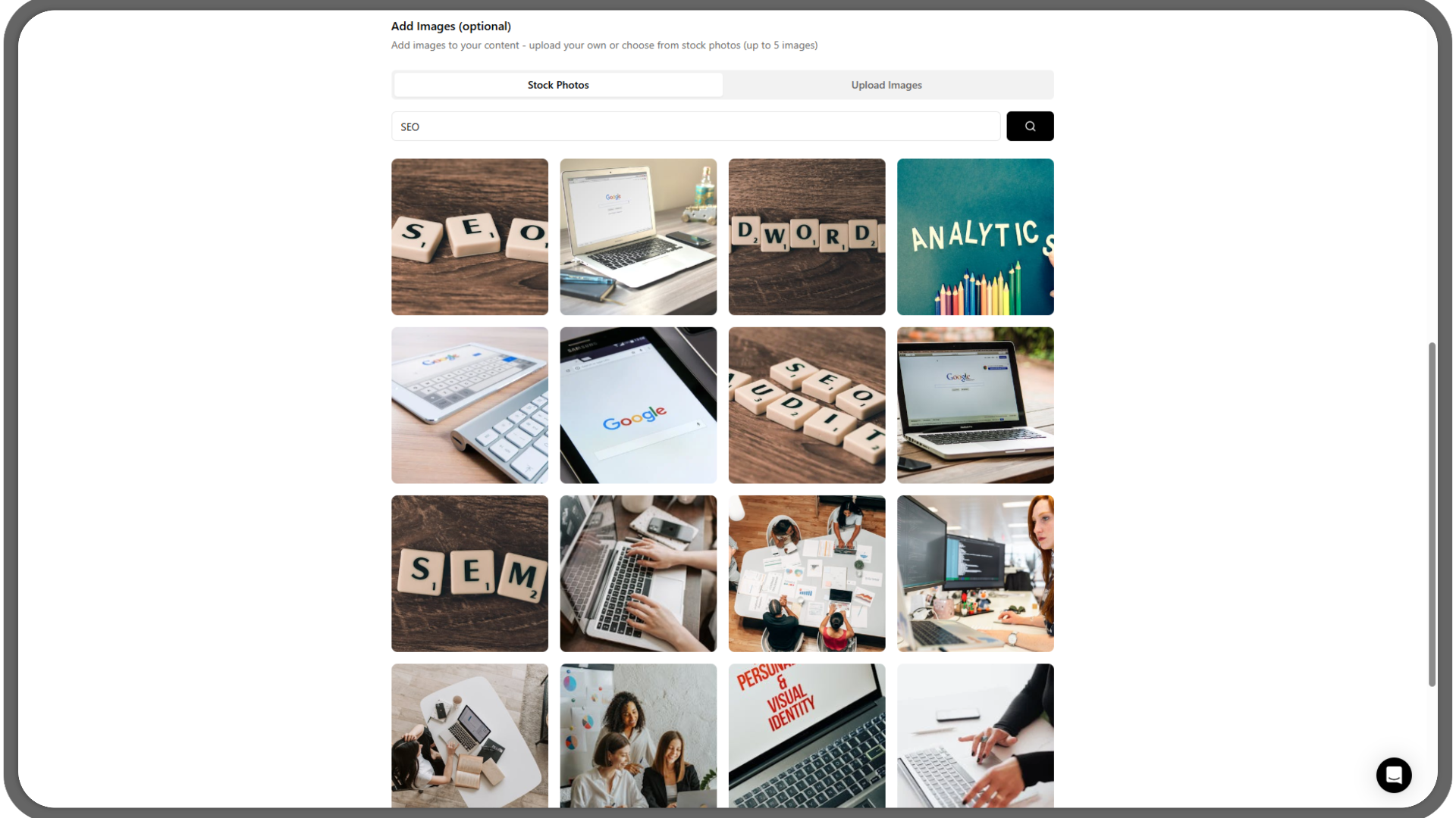 Photo selection interface with search and upload capabilities