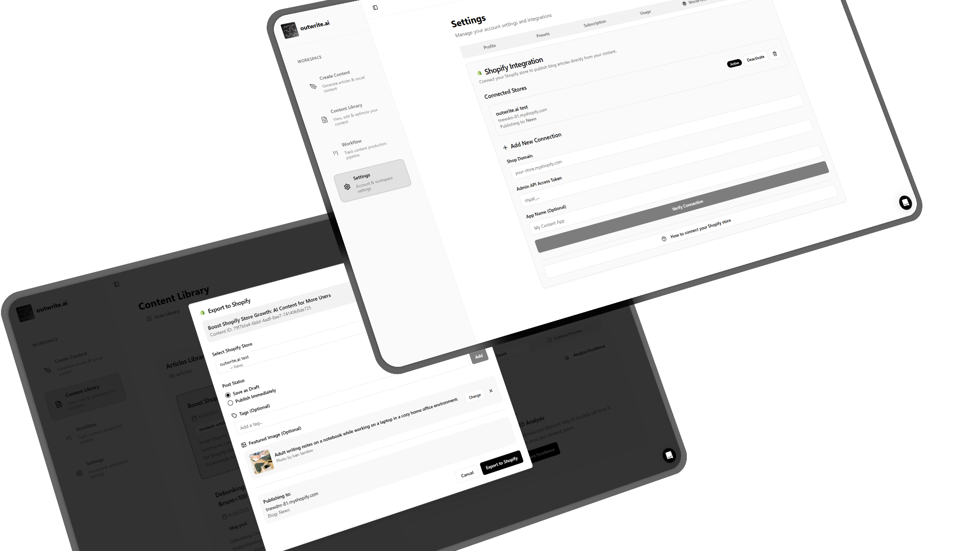 Shopify export interface with multi-store management