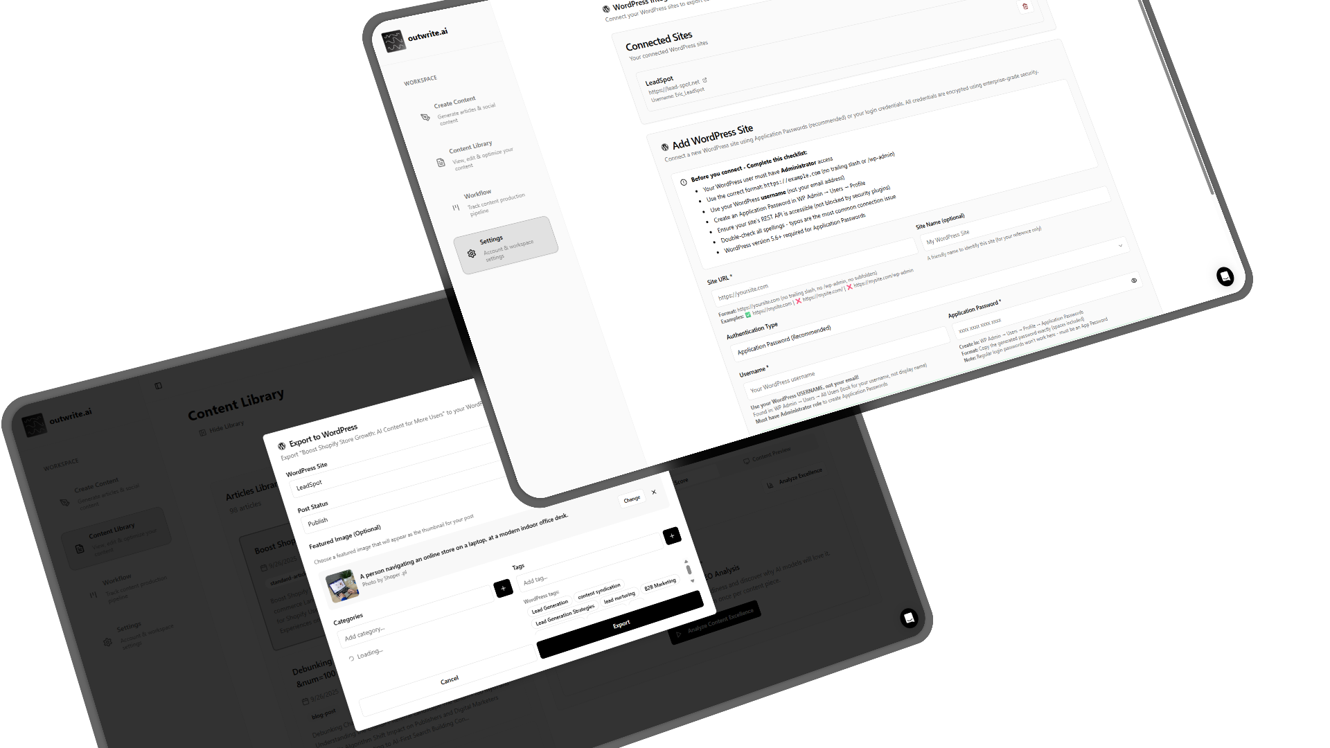 WordPress export interface showing category and tag mapping